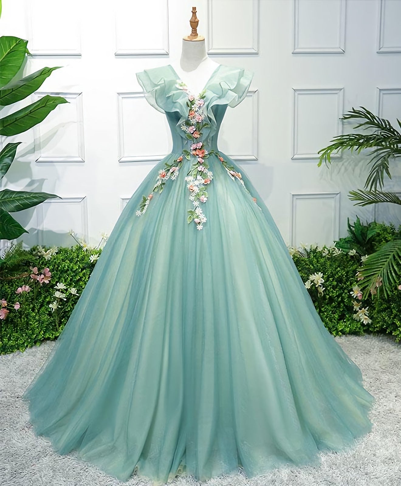 Green V Neck Tulle Long Corset Prom Dress, Green Evening Dress outfit, Evening Dress 2040