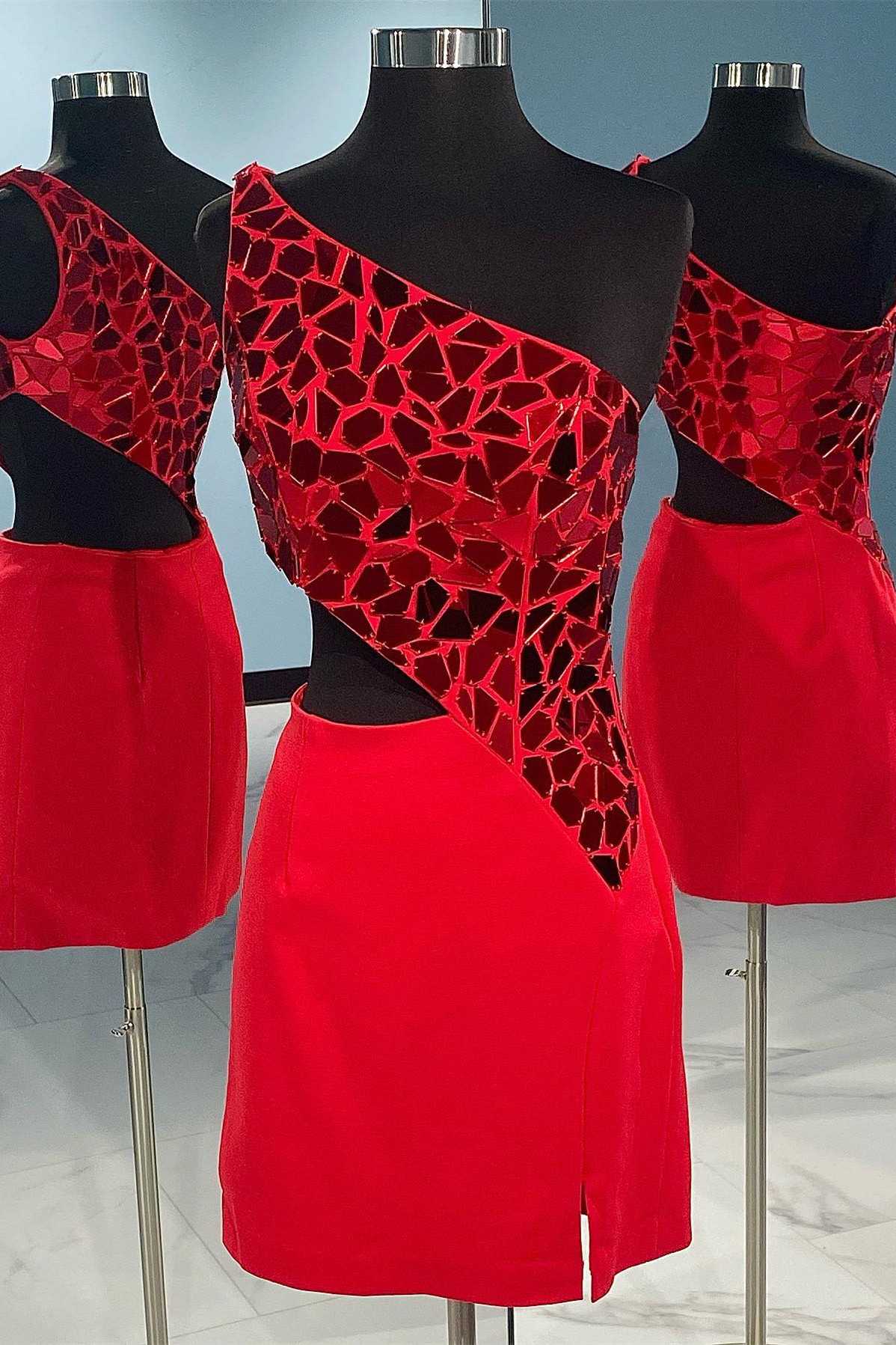 Red Cut Glass Mirror One-Shoulder Cutout Corset Homecoming Dress outfit, Bachelorette Party Games