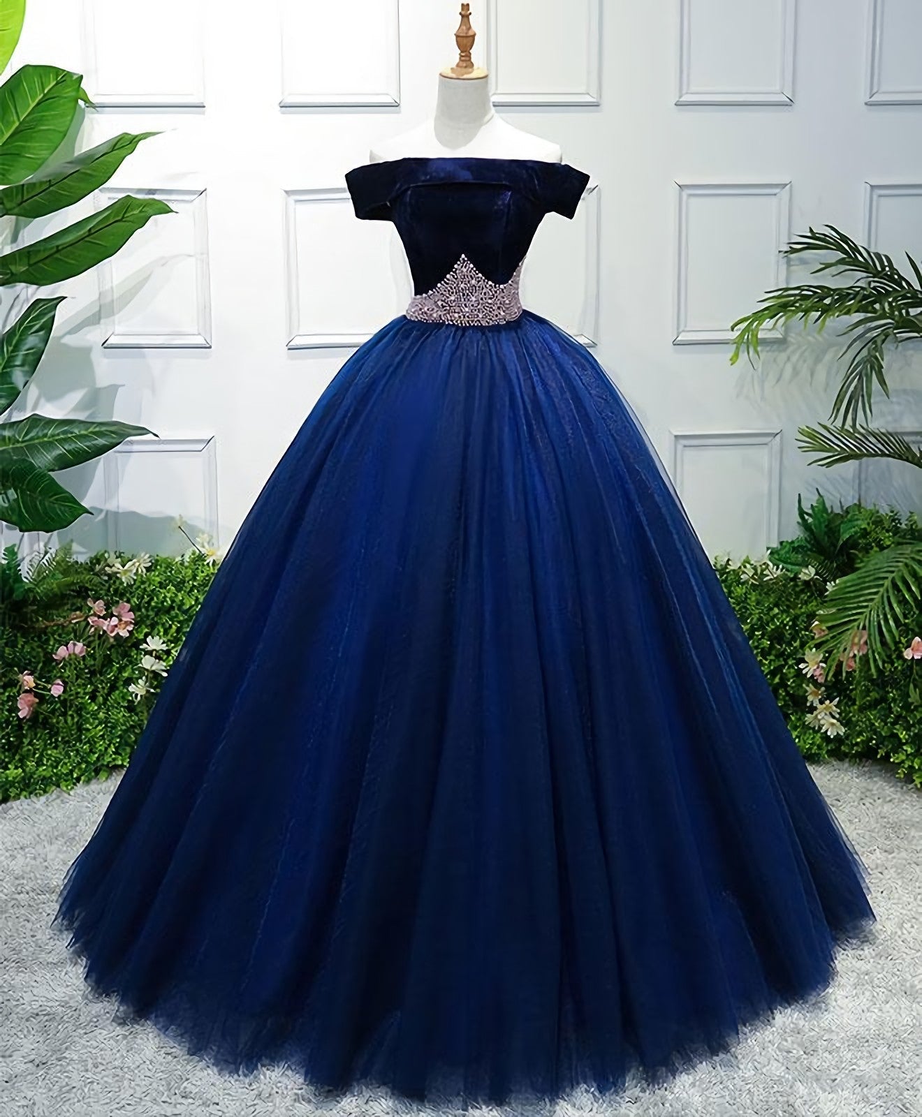 Dark Blue Tulle Off Shoulder Long Corset Prom Dress, Blue Sweet 16 Dress outfit, Evening Dresses Unique