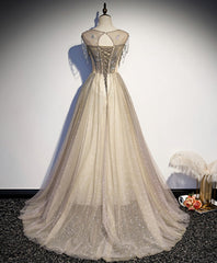 Champagne Round Neck Sequin Long Corset Prom Dress, Tulle Corset Formal Dress outfit, Formal Dress Classy Elegant