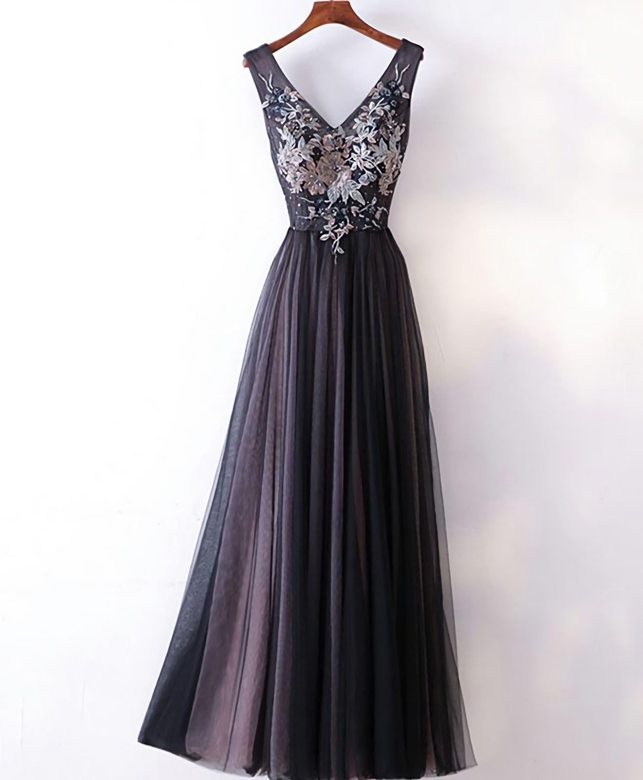 Black V Neck Lace Applique Tulle Long Corset Prom Dress, Black Evening Dress outfit, Prom Dress Shop