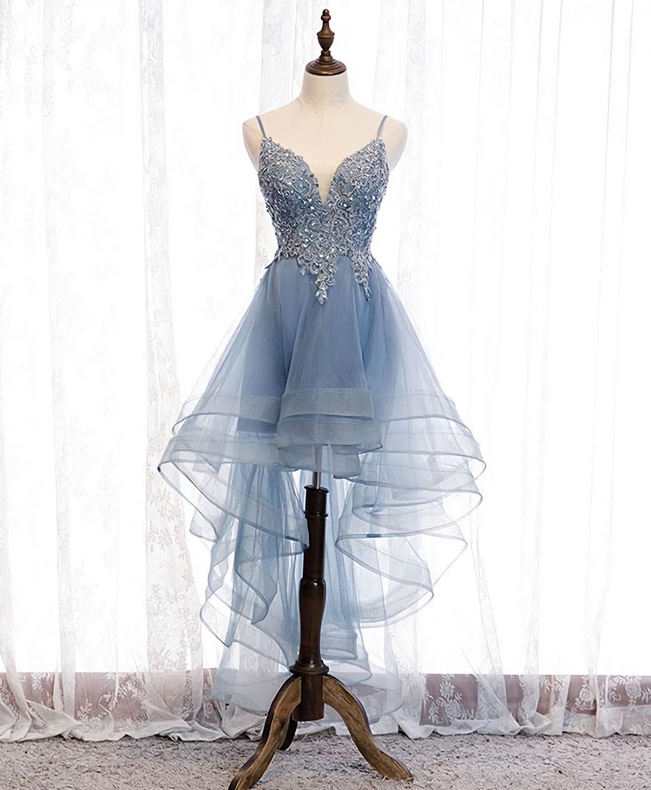 Blue Sweetheart Tulle Lace High Low Corset Prom Dress, Blue Corset Homecoming Dress outfit, Prom Dress Style