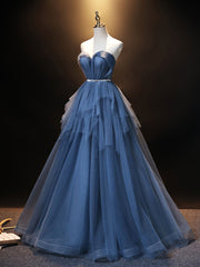 Blue Sweetheart Neck Tulle Long Corset Prom Dress, Blue Evening Dress outfit, Prom Dress Brands