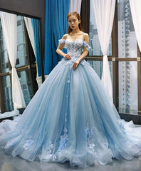 Blue Off Shoulder Tulle Lace Long Corset Prom Gown Blue Evening Dress outfit, Prom Dress Red