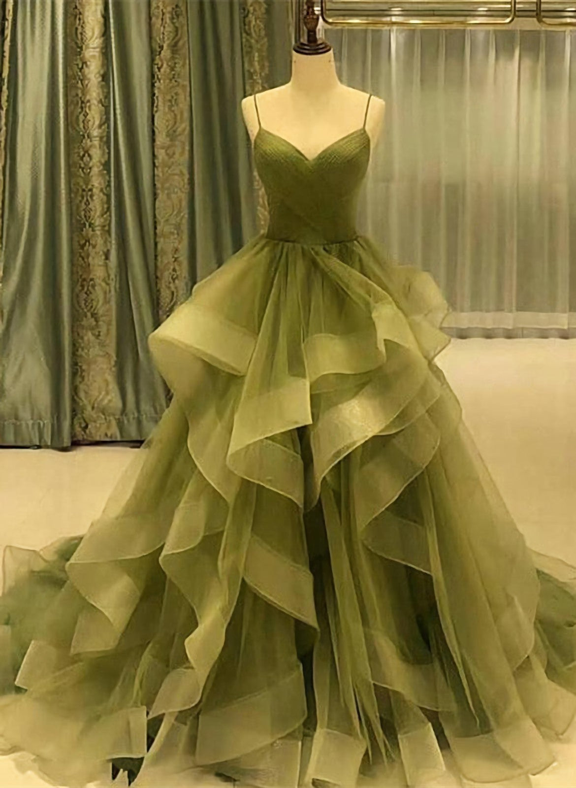 Beautiful Green Ruffles Sweep Train Long Corset Prom Dress, Straps Evening Corset Formal Dresses outfit, Formal Dress Elegant
