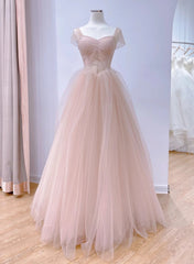 Pink Sweetheart Tulle Beaded Long Party Dress, Pink Tulle Corset Prom Dress Evening Dress outfit, Formal Dressing Style