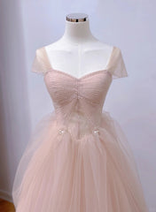 Pink Sweetheart Tulle Beaded Long Party Dress, Pink Tulle Corset Prom Dress Evening Dress outfit, Formal Dress Style