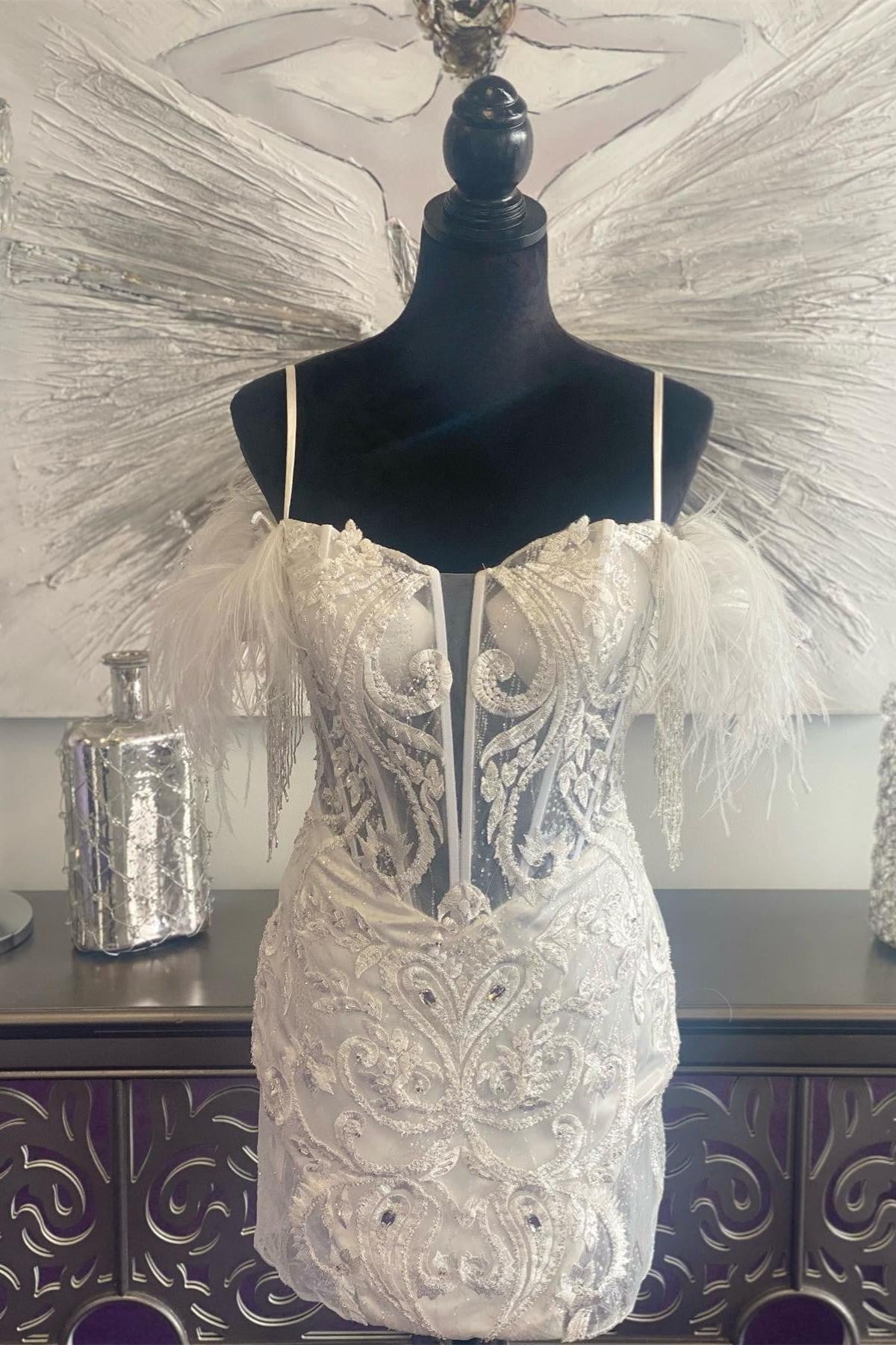 White Plunging V Neck Off-the-Shoulder Appliques Corset Homecoming Dress with Feathers outfit, Shirt Dress