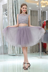 2 Piece Gray Tulle Short Suit Skirt With Lace Corset Homecoming Dresses outfit, Formal Dress For Graduation