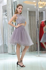 2 Piece Gray Tulle Short Suit Skirt With Lace Corset Homecoming Dresses outfit, Formal Dresses Floral