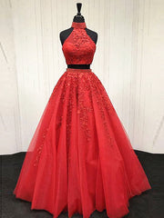 2 Pieces Pink Red Lace Corset Prom Dresses, Two Pieces Pink Red Tulle Lace Corset Formal Evening Dresses outfit, Formal Dress Classy Elegant