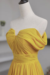 Yellow Chiffon Long Corset Prom Dress, A-Line Off the Shoulder Evening Dress outfit, Elegant Dress Classy