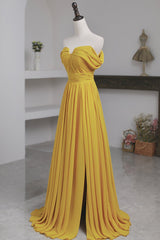 Yellow Chiffon Long Corset Prom Dress, A-Line Off the Shoulder Evening Dress outfit, Dinner Outfit