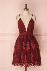 Burgundy V-Neck Lace Short Backless Corset Prom Dress, Cute Lace Party Dress Outfits, Formal Dresses