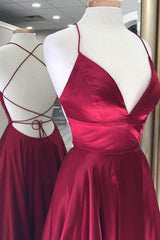 Burgundy Satin Long Corset Prom Dresses, Simple A-Line Backless Evening Dresses outfit, Formal Dresses For Sale