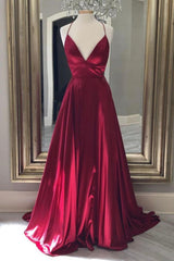 Burgundy Satin Long Corset Prom Dresses, Simple A-Line Backless Evening Dresses outfit, Formal Dresses Gown