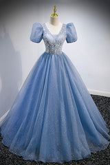 Blue V-Neck Tulle Beading Long Corset Prom Dresses, Blue Short Sleeve Evening Dresses outfit, Backless Dress