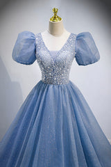 Blue V-Neck Tulle Beading Long Corset Prom Dresses, Blue Short Sleeve Evening Dresses outfit, Bodycon Dress