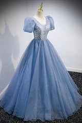 Blue V-Neck Tulle Beading Long Corset Prom Dresses, Blue Short Sleeve Evening Dresses outfit, Gown Dress