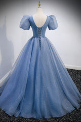 Blue V-Neck Tulle Beading Long Corset Prom Dresses, Blue Short Sleeve Evening Dresses outfit, Sun Dress