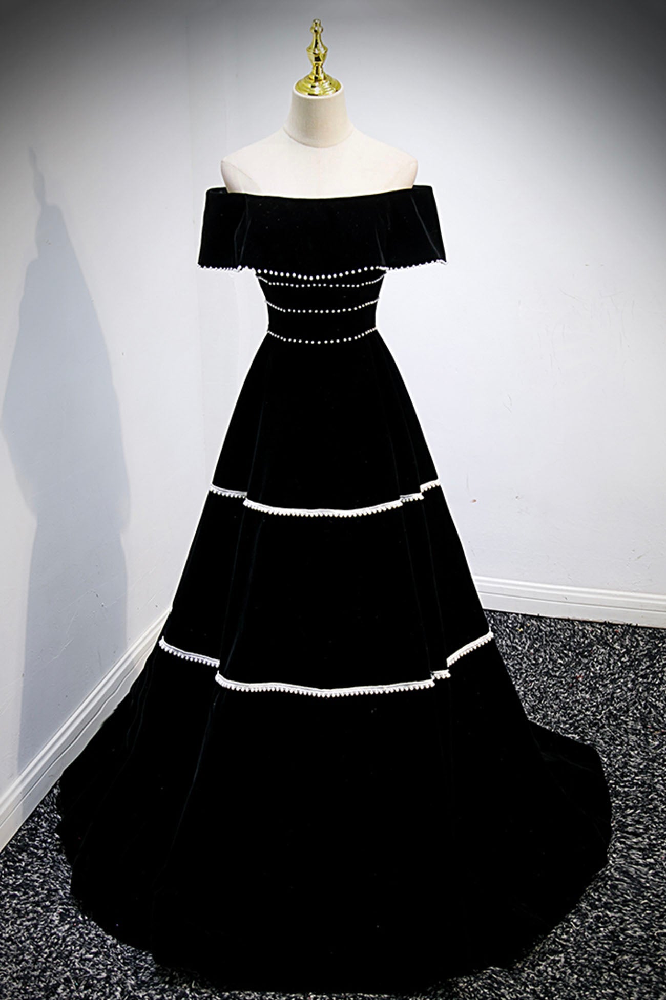 Black Velvet Long Corset Prom Dresses, A-Line Off the Shoulder Evening Dresses outfit, Wedding Ideas