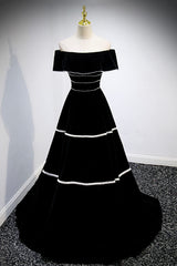 Black Velvet Long Corset Prom Dresses, A-Line Off the Shoulder Evening Dresses outfit, Wedding Ideas