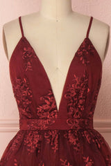 Burgundy V-Neck Lace Short Backless Corset Prom Dress, Cute Lace Party Dress Outfits, Formal Dresses For Weddings Mothers