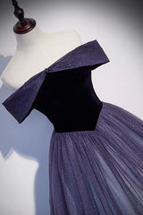 Purple Velvet Tulle Long Corset Prom Dresses, A-Line Off the Shhouler Evening Dresses outfit, Party Dresses Ladies