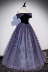 Purple Velvet Tulle Long Corset Prom Dresses, A-Line Off the Shhouler Evening Dresses outfit, Party Dress Websites