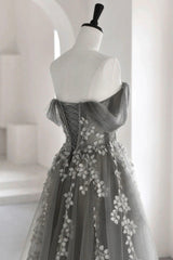 Gray Tulle Lace Long Corset Prom Dress, A-Line Off the Shoulder Evening Dress outfit, Prom Dress Website