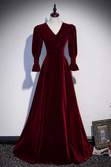 Burgundy Velvet Long Corset Prom Dresses, A-Line Long Sleeve Evening Dresses outfit, Elegant Gown