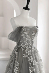 Gray Tulle Lace Long Corset Prom Dress, A-Line Off the Shoulder Evening Dress outfit, Prom Dresses Website