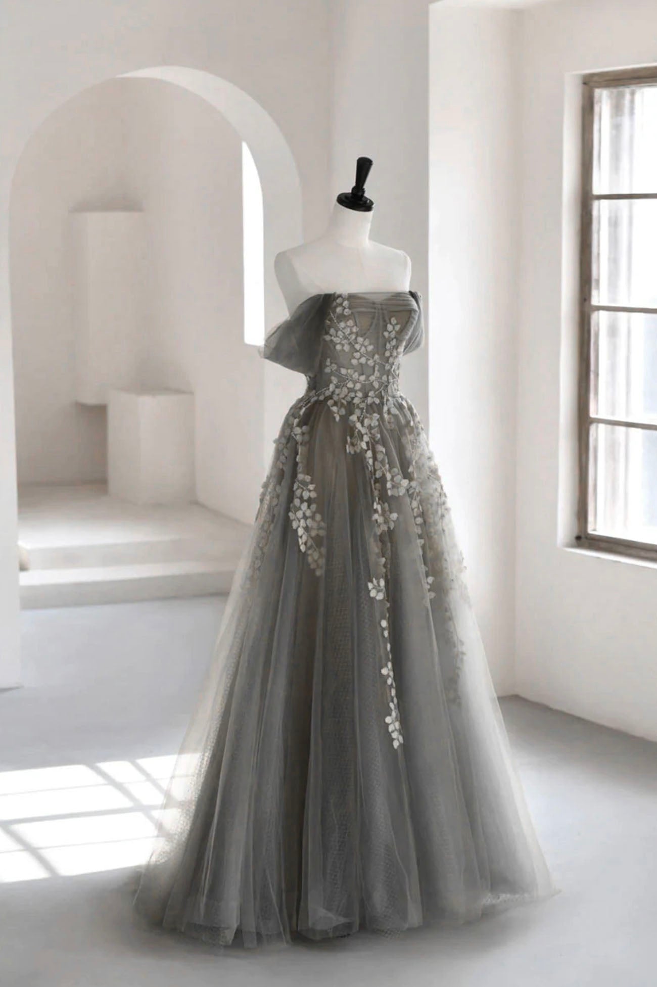 Gray Tulle Lace Long Corset Prom Dress, A-Line Off the Shoulder Evening Dress outfit, Prom Dress Designs