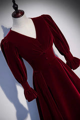 Burgundy Velvet Long Corset Prom Dresses, A-Line Long Sleeve Evening Dresses outfit, Dress Formal