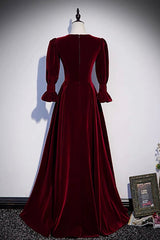 Burgundy Velvet Long Corset Prom Dresses, A-Line Long Sleeve Evening Dresses outfit, Senior Prom Dress