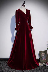 Burgundy Velvet Long Corset Prom Dresses, A-Line Long Sleeve Evening Dresses outfit, Gorgeou Dress