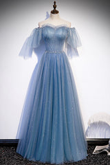 Blue Tulle Beading Long Corset Prom Dresses, A-Line Evening Party Dresses outfit, Party Dress Teen