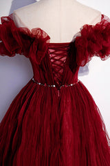 Burgundy Tulle Long Corset Prom Dresses, A-Line Off the Shoulder Evening Party Dresses outfit, Formal Dress For Wedding Reception