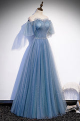 Blue Tulle Beading Long Corset Prom Dresses, A-Line Evening Party Dresses outfit, Party Dress Look