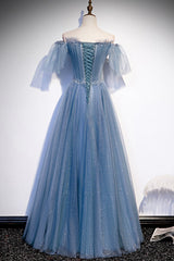 Blue Tulle Beading Long Corset Prom Dresses, A-Line Evening Party Dresses outfit, Party Dress New