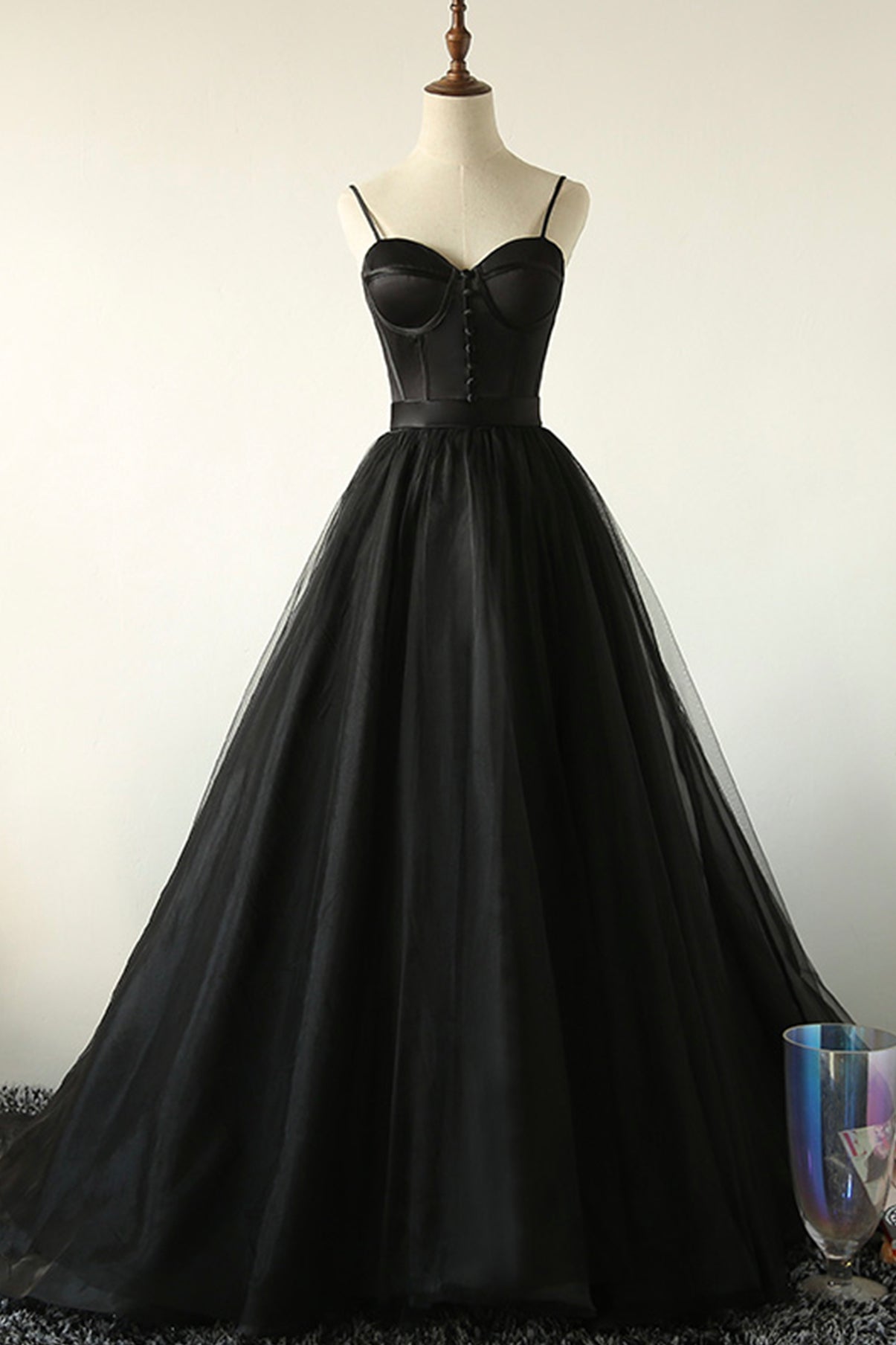 Black A-Line Spaghetti Strap Long Corset Prom Dresses, Black Evening Dresses outfit, Bridesmaid Dresses Style