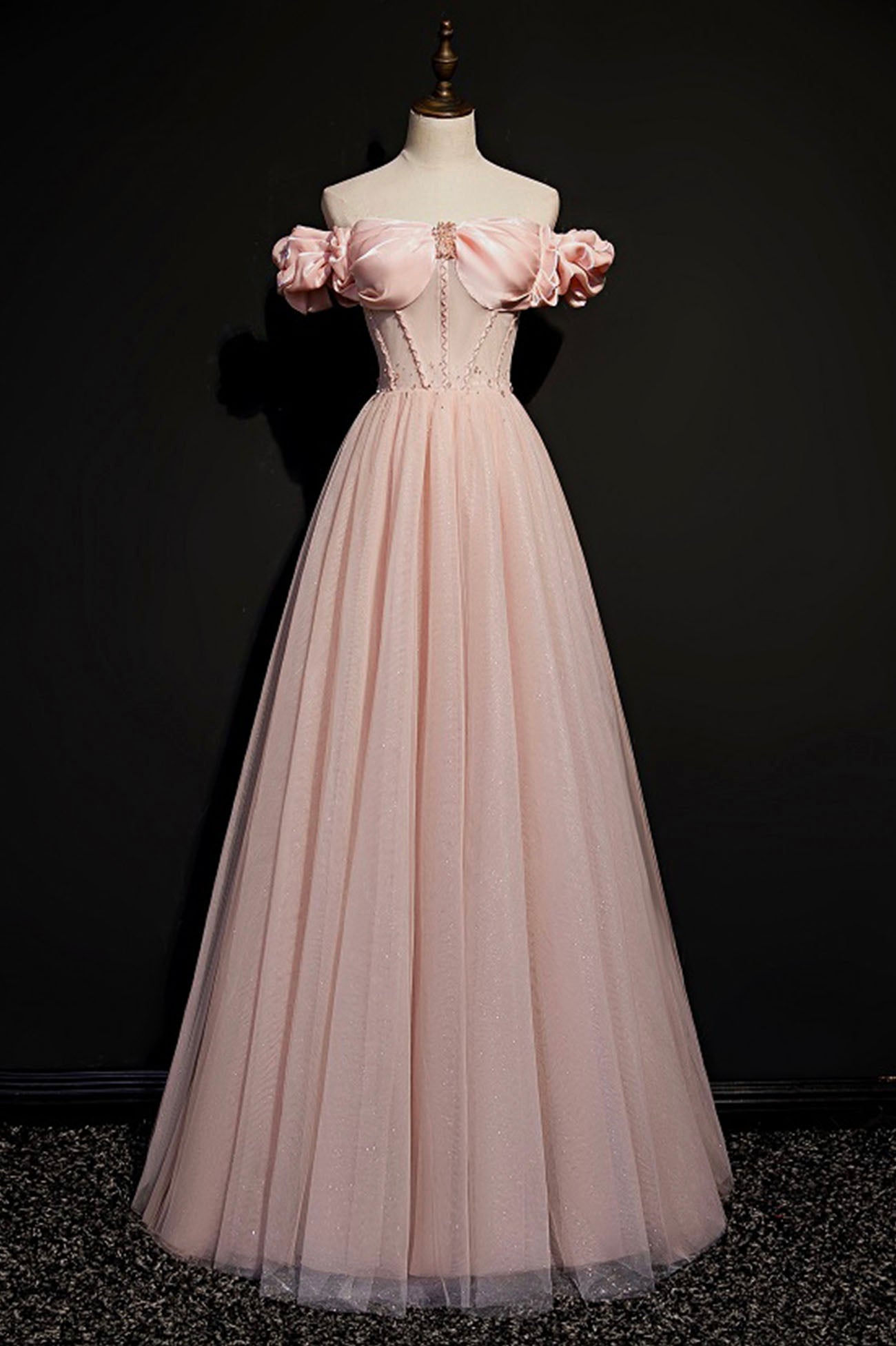 Pink Tulle Off the Shoulder Corset Prom Dress, Beautiful A-Line Evening Dress outfit, Bridesmaids Dresses Long Sleeves