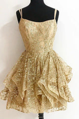 Gold Sequins Short Corset Prom Dresses, A-Line Corset Homecoming Dresses outfit, Prom Dress With Long Sleeves