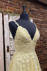Yellow V-Neck Lace Long Corset Prom Dress, A-Line Evening Dress outfit, Party Dress Midi With Sleeves