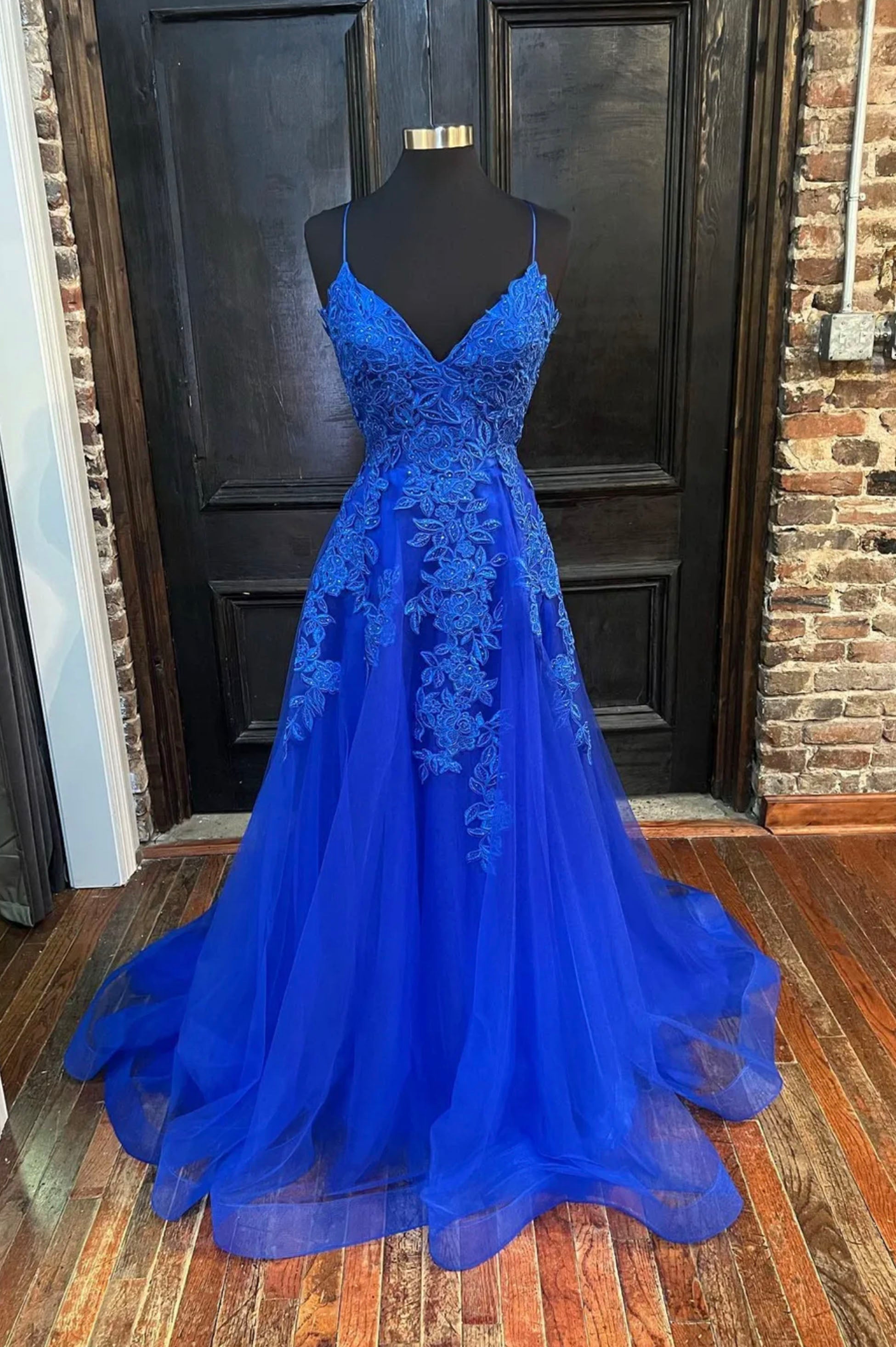 Blue Tulle Lace Long Corset Prom Dress, V-Neck Corset Formal Evening Dress outfit, Party Dresses Europe