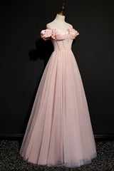 Pink Tulle Off the Shoulder Corset Prom Dress, Beautiful A-Line Evening Dress outfit, Bridesmaid Dress Long Sleeve