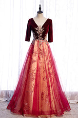 Burgundy Velvet Tulle Long Corset Prom Dresses, Burgundy 1/2 Sleeve Evening Dresses outfit, Evening Dresses Princess