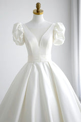 White V-Neck Satin Long Corset Formal Dress, Corset Wedding Corset Formal Dress outfit, Wedding Dresses A Line Romantic
