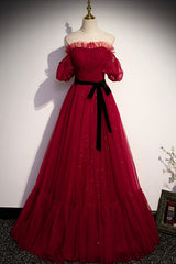 Burgundy Tulle Long Corset Prom Dresses, A-Line Evening Dresses outfit, Formal Dress Off The Shoulder