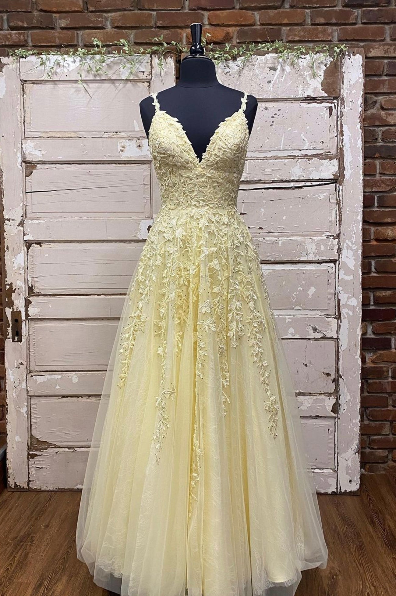Yellow V-Neck Lace Long Corset Prom Dress, A-Line Evening Dress outfit, Dinner Dress Classy